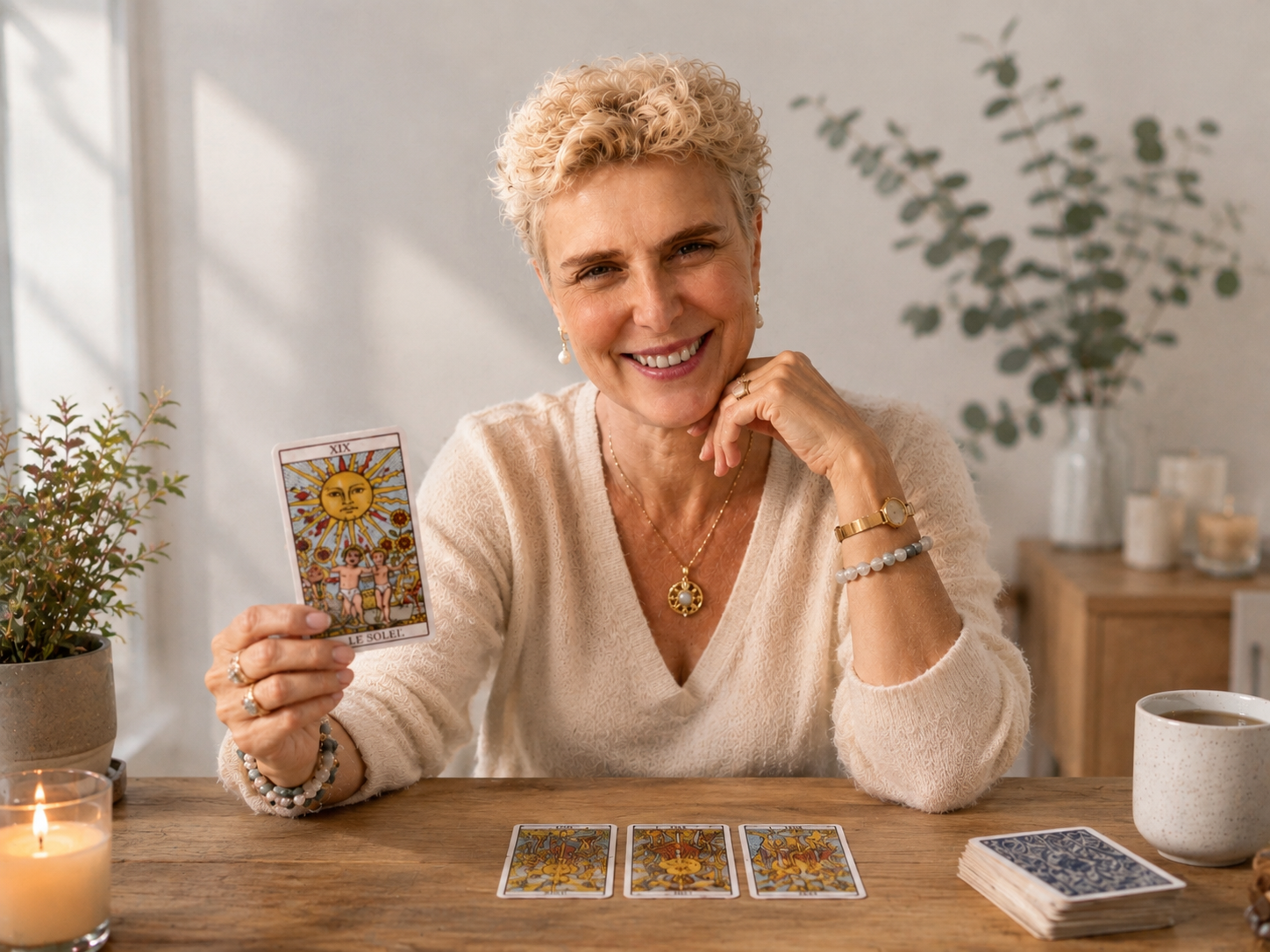 Sandra présente un tirage du Tarot de Marseille